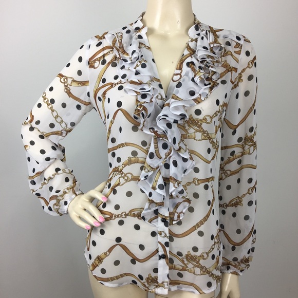 Cache Tops - Cache Equestrian Belts Polka Dot Ruffle Blouse Sm